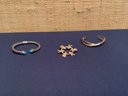 Three Pieces Of Sterling Silver Jewelry - Includes A Brooch & 2 Bracelets - One W/turquoise Details, 3 PCS.