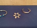 Three Pieces Of Sterling Silver Jewelry - Includes A Brooch & 2 Bracelets - One W/turquoise Details, 3 PCS.