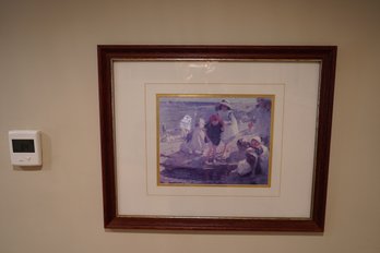 Framed And Matted Print Of Impressionist Style Painting Of Children At The Seashore