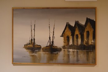 Signed Art On Canvas Of Boats And Structures At The Water's Edge In Muted Greys, Browns & Gold