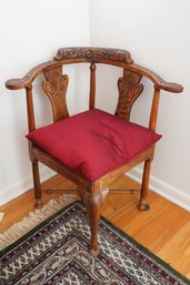 Antique Solid Wood Hand Carved Corner Chair With Red Cushion Pad