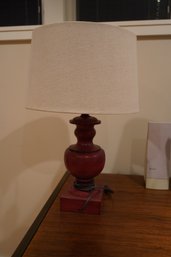 Red Distressed Style Wood Table Lamp With White Textured Fabric Shade 2 Of 2