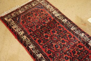 Vintage Hand Woven In Iran Oriental Style Area Rug / Runner In Shades Of Deep Red And Blues