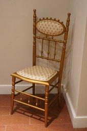Vintage Painted Wood High Back Chair In Gold Tone With Delicate Pink Floral Fabric Seat