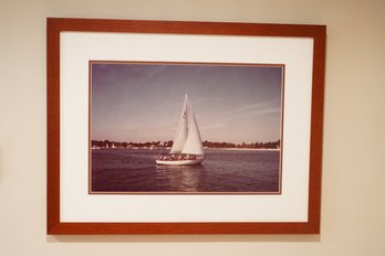 Vintage Framed And Matted Photograph Of White Sail Boat In A Bay