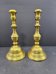 Pair Of Vintage Brass Etched Candle Holders, (14 Inches High)