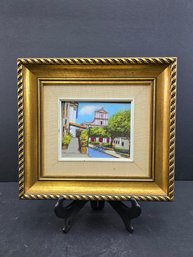 Small Signed Enamel Painting With Gold Wood Frame, (11.5x9.5 Inches)