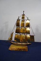 Vintage MCM  Three Mast Signed Brass Sailing Ship On Marble Base