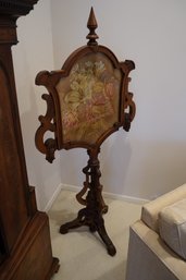Beautifully Carved Antique Wooden Victorian Fireplace Screen W/floral Needlepoint Behind Glass