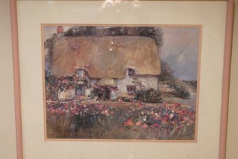 Framed And Signed Print  Of Lovely Thatched Roof Cottage Surrounded By Gardens
