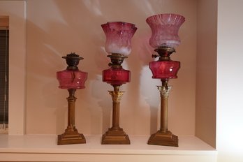 Trio Of Beautiful Vintage Cranberry Glass Oil Lamps W/Etched Shades On Classical Style Brass Base