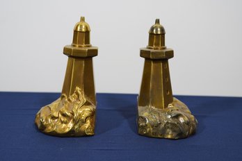 Set Of Two Heavy Brass Bookends Lighthouses