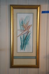 Mixed Media In Gold Frame Depicting A Large Flower In Teal And Pink