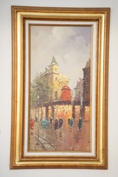 Impressionist Style Work In Gold Frame Depicting Figures Rushing Along A Dutch Street, Signed Lower Right