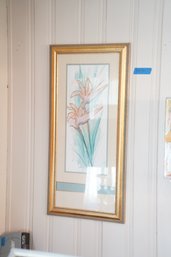 Mixed Media In Gold Frame Depicting Two Large Flowers In Teal And Pink