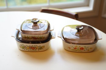 Set Of 3 Vintage Corningware Cookware With Glass Tops