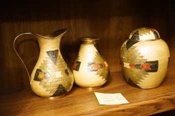 Set Of Three Decorative Brass Vessels With Western Inspired Motif