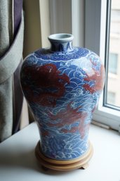 Rare! Chinese Blue White Iron Red Dragon Porcelain Vase (16 Inches High)