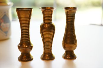 Set Of Three Ridged Brass Vases