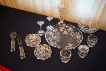 12 Cut Glass Pieces Includes Ashtray, Candle Holders & Ivy Motif Platter