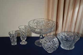 5 Cut Glass Crystal Vessels And Footed Bowl