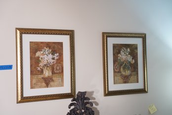Pair Of Decorative Floral Prints In Gold Frames