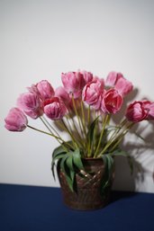 Brass Flower Pot With Pink Tulips