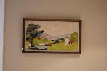 Vintage Country Side Needlepoint Art On Wood Frame, (24x14.5 Inches)