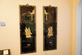 Pair Of Asian 3d Art Black Lacquer