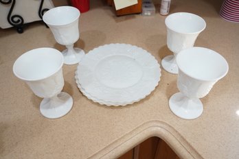 Lot Of 4 Milk Glass Cups And 3 Plates