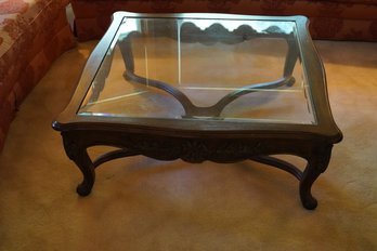 Antique Style Glass Top Wood Coffee Table