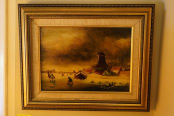 Antique Winter Scene Windmill Oil On Board Signed AH. Schve. (16.75x13.75)