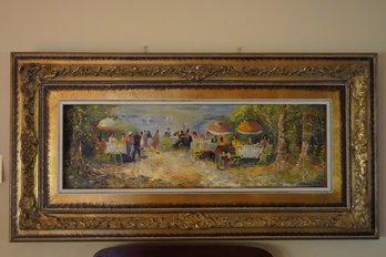 Oil On Canvas Outdoor Party Scene Signed By C. Petverli, 38.5x19.75 Inches