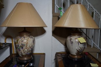 Pair Of Wood Base Crackle Glaze Hand Painted Lamps With Asian Design *see Description*