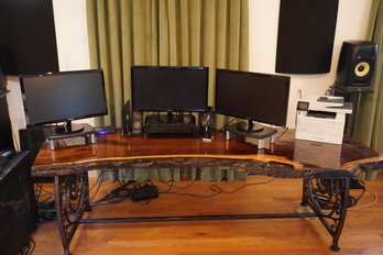 Custom Made Live Edge Wood Table Desk With Ornate Metal Base (read Info)