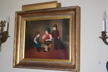 Kalman Oil On Canvas 'kids Eating' In A Gilded Style Frame, 27.5x23.5 Inches