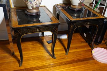 Pair Of Drexel 1 Drawer. Glass Top Wood Side Tables