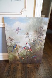 Frameless Antique Reproduction Oil On Canvas Painting Of Birds Scenery