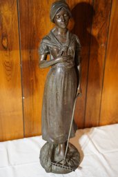 Vintage Art Deco Bronze Statue Of Girl With Rake With Wood Base Signed