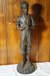 Vintage Signed Brass Statue Of Boy With Pitchfork With Wood Base