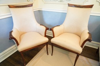 Beautiful Pair Of Antique Arm Chairs With Stripes Cream Color Cushion