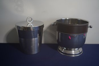 Two Silver Tone Ice Buckets - One Lidded - One W/Leather Band - Michael Aram Studio & Marwal Makers