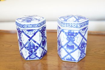 Asian Style Pair Of Blue And White Jars With Lids