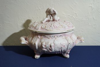 Jose Eli Alcobaca Portugal, Porcelain Pink Cherub Design Dish W/ Cover