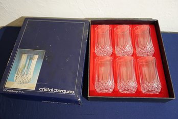 Set Of 6 French Cristal D'Arques Longchamp Cut Crystal Glasses With Box