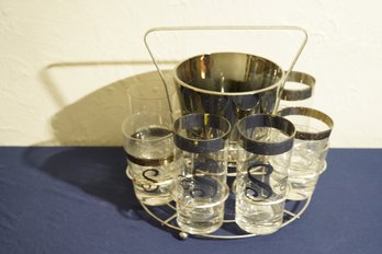 Vintage MCM Tumbler Set, 8 Glasses With Monogram 'S' & Ice Bucket With Handle