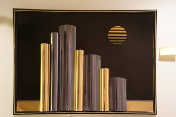 Vintage MCM Art Deco City Skyline, 3D Wood Art, 45.5x34