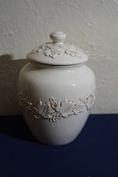 Lidded Off White Cookie Jar / Canistered With Grape Leaf Motif