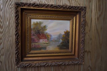 Oil On Board 'lake House' Scenery In A Gilded Style Frame, 15.5x13.5 Inches