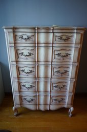 Vintage French Provincial Cream Five Drawer Chest On Cabriole Legs With Dovetail Drawer Joints